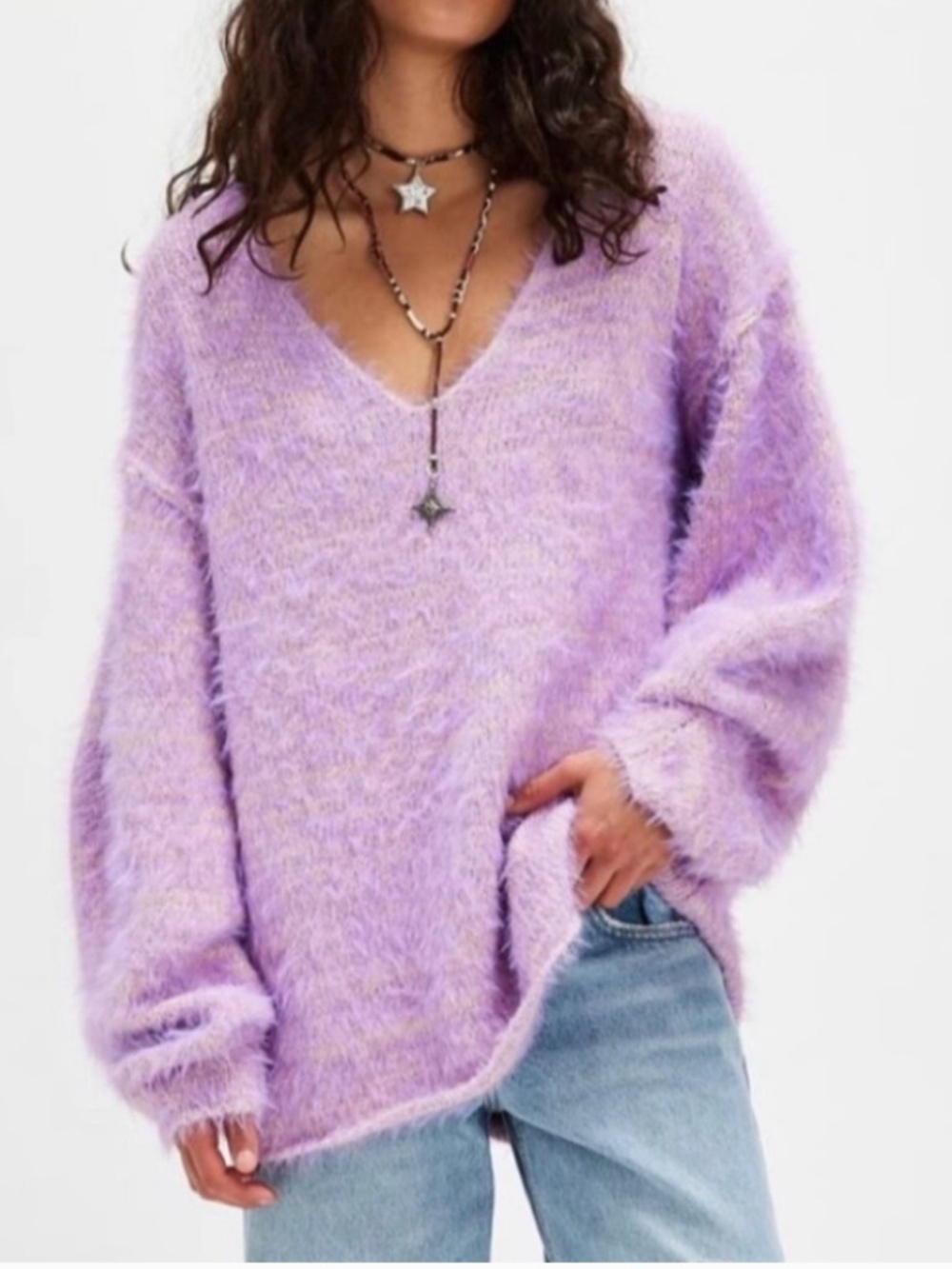 Free People Fuzzy Lavender Oversized V-Neck Sweater Small